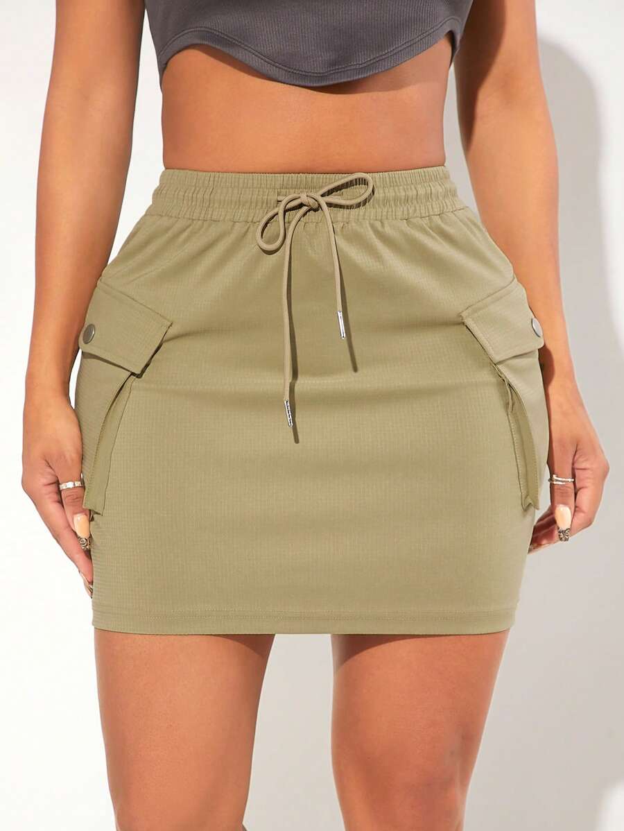 SHEIN SXY Eo dây rút Túi nắp bên cạnh Váy chở hàng - Màu Khaki - Xem 1