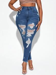 SHEIN SXY 大碼毛邊破洞緊身牛仔褲 - 深色水洗藍 - 查看 5