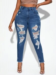 SHEIN SXY 大碼毛邊破洞緊身牛仔褲 - 深色水洗藍 - 查看 6