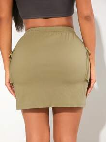 SHEIN SXY Eo dây rút Túi nắp bên cạnh Váy chở hàng - Màu Khaki - Xem 2