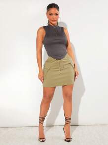 SHEIN SXY Eo dây rút Túi nắp bên cạnh Váy chở hàng - Màu Khaki - Xem 3