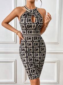 SHEIN Privé 滿版印花鏤空緊身連衣裙 - 彩色 - 查看 3