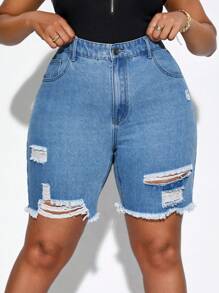 SHEIN SXY Plus Ripped Raw Hem Denim Shorts - Light Wash - View 1