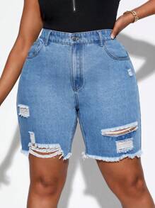 SHEIN SXY Plus Ripped Raw Hem Denim Shorts - Light Wash - View 3