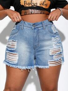 SHEIN SXY Quần short denim oversized Túi Hem thô Bị tách màu trơn - Rửa nhẹ - Xem 6