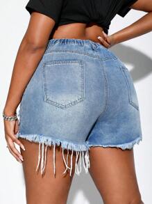 SHEIN SXY Quần short denim oversized Túi Hem thô Bị tách màu trơn - Rửa nhẹ - Xem 2