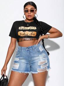 SHEIN SXY Quần short denim oversized Túi Hem thô Bị tách màu trơn - Rửa nhẹ - Xem 1