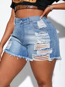 SHEIN SXY Quần short denim oversized Túi Hem thô Bị tách màu trơn - Rửa nhẹ - Xem 4