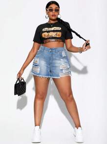 SHEIN SXY Quần short denim oversized Túi Hem thô Bị tách màu trơn - Rửa nhẹ - Xem 5