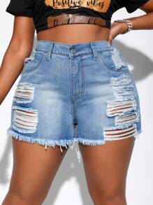 SHEIN SXY Quần short denim oversized Túi Hem thô Bị tách màu trơn - Rửa nhẹ - Xem 3