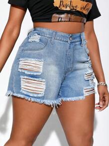 SHEIN SXY Quần short denim oversized Túi Hem thô Bị tách màu trơn - Rửa nhẹ - Xem 7