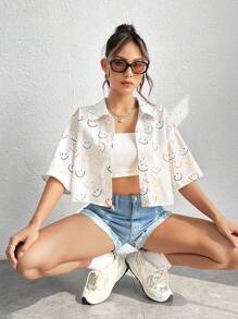 SHEIN EZwear 夏季满版印花落肩衬衫 - 彩色 - 查看 1