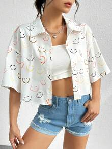 SHEIN EZwear 夏季满版印花落肩衬衫 - 彩色 - 查看 2