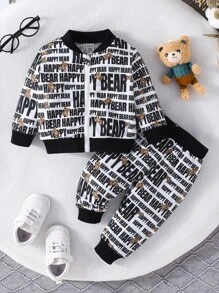 Autumn Baby Boys' Zip-Up Jacket & Pants Set, Cute Bear & Letter Print Outfit - Multicolor - View 1