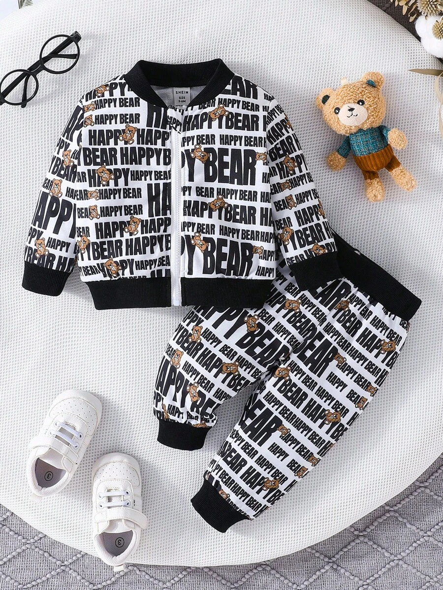 Autumn Baby Boys' Zip-Up Jacket & Pants Set, Cute Bear & Letter Print Outfit - Multicolor - View 1