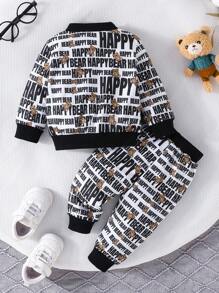 Autumn Baby Boys' Zip-Up Jacket & Pants Set, Cute Bear & Letter Print Outfit - Multicolor - View 2