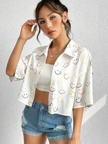 SHEIN EZwear Summer Outfit Allover Print Drop Shoulder Shirt - Multicolor - View 3
