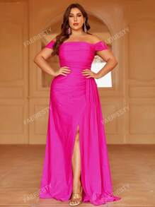 Plus Off Shoulder Draped Side Split Thigh Formal Dress Elegant Prom Evening Wedding Guest Gown, For Graduation, Dinner Party Dress