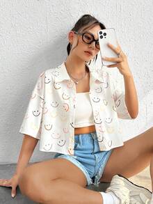 SHEIN EZwear 夏季满版印花落肩衬衫 - 彩色 - 查看 5