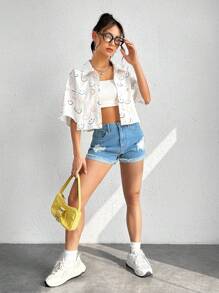 SHEIN EZwear Summer Outfit Allover Print Drop Shoulder Shirt - Multicolor - View 9