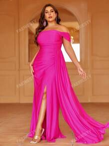 Plus Off Shoulder Draped Side Split Thigh Formal Dress Elegant Prom Evening Wedding Guest Gown, For Graduation, Dinner Party Dress