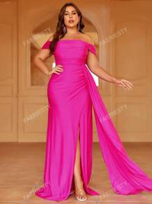 Plus Off Shoulder Draped Side Split Thigh Formal Dress Elegant Prom Evening Wedding Guest Gown, For Graduation, Dinner Party Dress