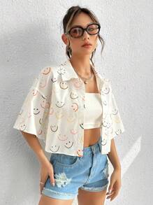 SHEIN EZwear Summer Outfit Allover Print Drop Shoulder Shirt - Multicolor - View 4