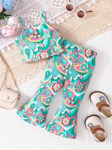 嬰兒印花吊帶上衣&喇叭褲 - 綠色 - 查看 2