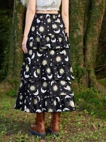 ROMWE Hippie Sun & Moon Print Ruffle Hem Skirt - Multicolor - View 2