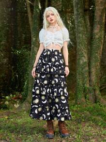 ROMWE Hippie Sun & Moon Print Ruffle Hem Skirt - Multicolor - View 4