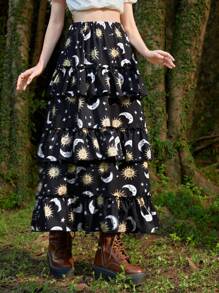 ROMWE Hippie Sun & Moon Print Ruffle Hem Skirt - Multicolor - View 3