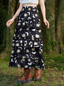 ROMWE Hippie Sun & Moon Print Ruffle Hem Skirt - Multicolor - View 5