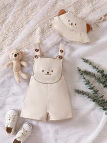 SHEIN Baby Cartoon Graphic Overall Romper & Hat - Khaki - View 1