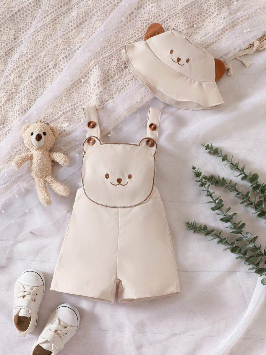 SHEIN Baby Cartoon Graphic Overall Romper & Hat - Khaki - View 1