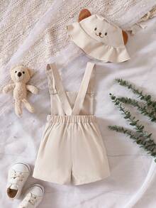 SHEIN Baby Cartoon Graphic Overall Romper & Hat - Khaki - View 2