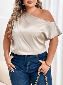 SHEIN Privé 大碼不對稱領蝙蝠袖緞面襯衫 - 香檳色 - 查看 5