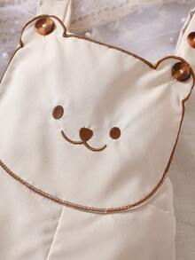 SHEIN Baby Cartoon Graphic Overall Romper & Hat - Khaki - View 4