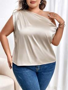 SHEIN Privé 大碼不對稱領蝙蝠袖緞面襯衫 - 香檳色 - 查看 6