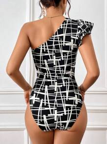 SHEIN Privé Allover Print One Shoulder Ruffle Trim Bodysuit