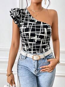 SHEIN Privé Allover Print One Shoulder Ruffle Trim Bodysuit