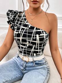SHEIN Privé Allover Print One Shoulder Ruffle Trim Bodysuit