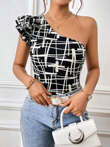 SHEIN Privé Allover Print One Shoulder Ruffle Trim Bodysuit
