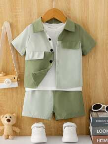 SHEIN Baby Boy Two Tone Flap Detail Shirt & Shorts Set Without Tee - Green - View 1