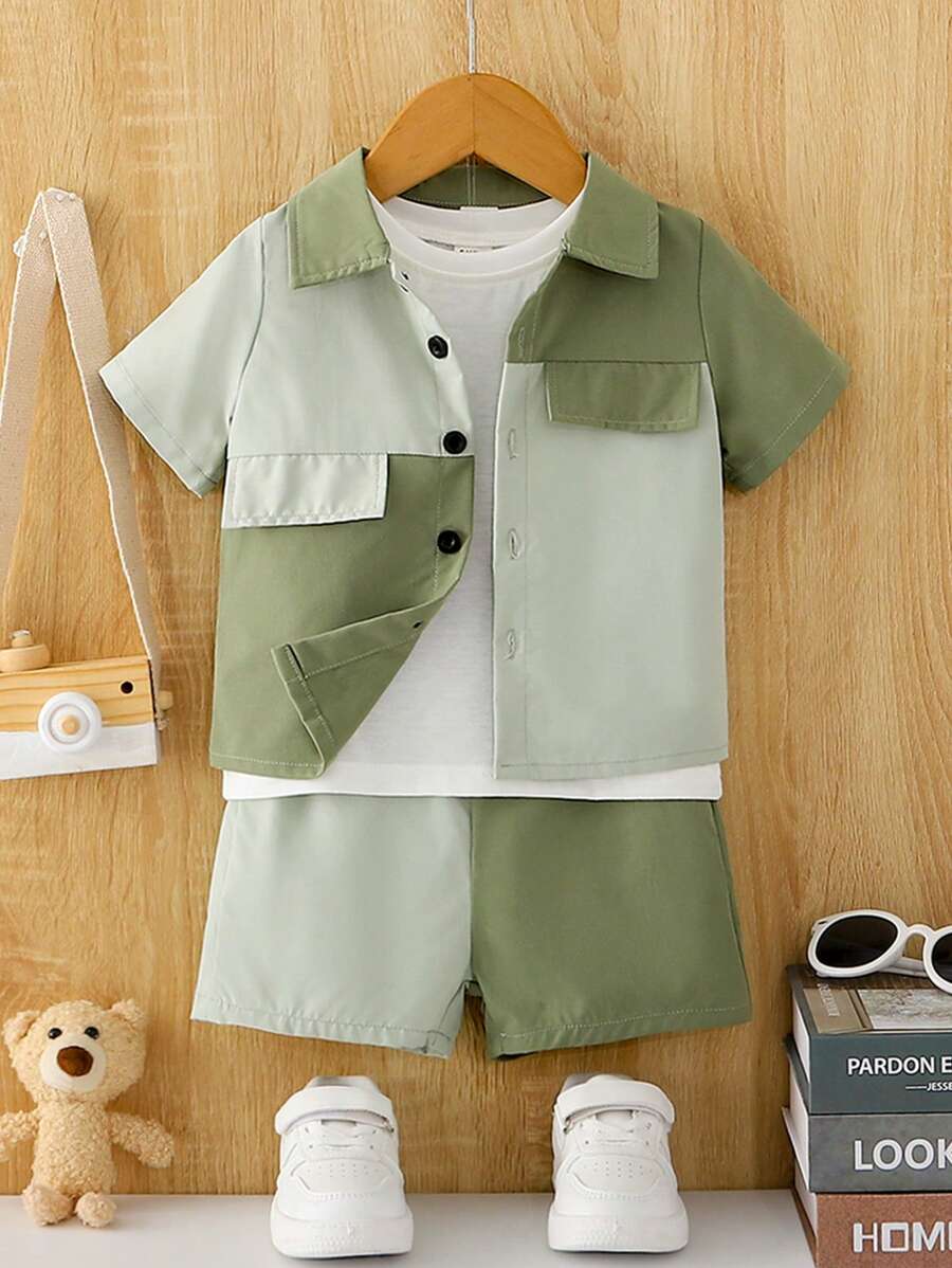 SHEIN Baby Boy Two Tone Flap Detail Shirt & Shorts Set Without Tee - Green - View 1