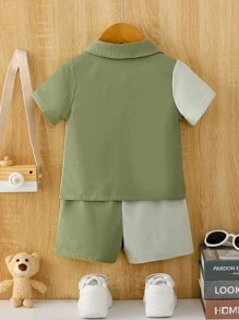 SHEIN Baby Boy Two Tone Flap Detail Shirt & Shorts Set Without Tee - Green - View 2