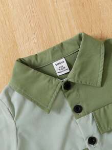 SHEIN Baby Boy Two Tone Flap Detail Shirt & Shorts Set Without Tee - Green - View 3