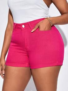 SHEIN SXY Cộng với quần short cạp cao có viền cuộn lên, quần short trơn vừa vặn mùa hè dành cho nữ - Màu Hồng Tươi - Xem 1