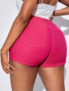 SHEIN SXY Cộng với quần short cạp cao có viền cuộn lên, quần short trơn vừa vặn mùa hè dành cho nữ - Màu Hồng Tươi - Xem 2