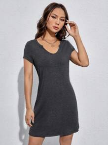 SHEIN EZwear 缺口領T恤連衣裙 - 深灰色 - 查看 2