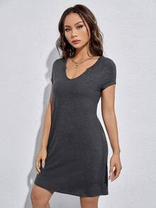 SHEIN EZwear 缺口領T恤連衣裙 - 深灰色 - 查看 4